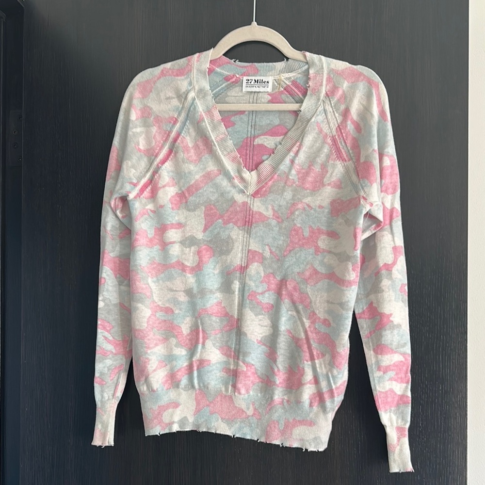 27 Miles Cotton Linen Blend V Neck Camo Sweater, Pink Blue White, XS